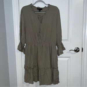 Forever 21 Olive-Taupe Ruffle Tie Neck Blouse